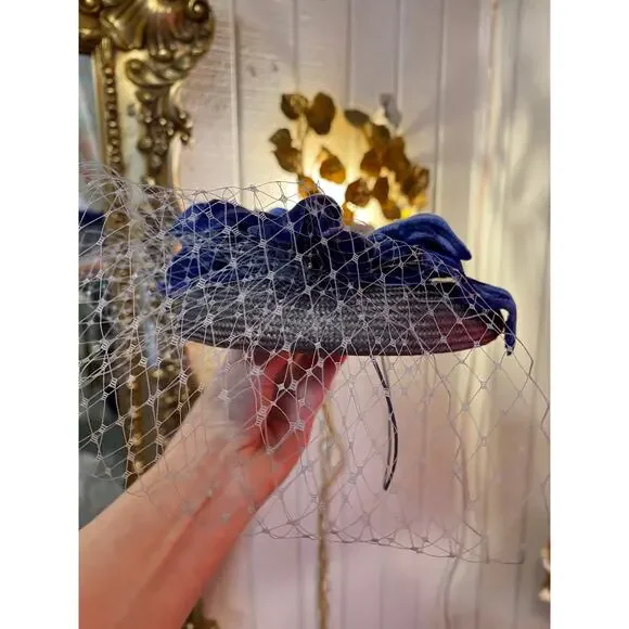vintage style blue fascinator velvet flower 1950s style  display picture 2